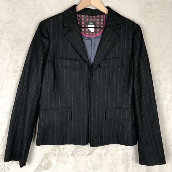 J. CREW 100% Wool Jacket‎ Sz 10 Black Stripe Hook Pockets Academia Blazer EUC - Picture 1 of 15